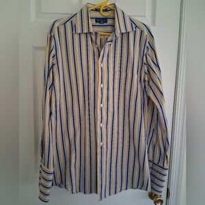 Paul Fredrick Blue and Yellow Vertical Stripe Dress Shirt 16/34 Cuff Link